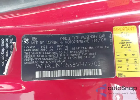 2008 BMW 128I z USA, uszkodzony, nr VIN WBAUN13538VH79702